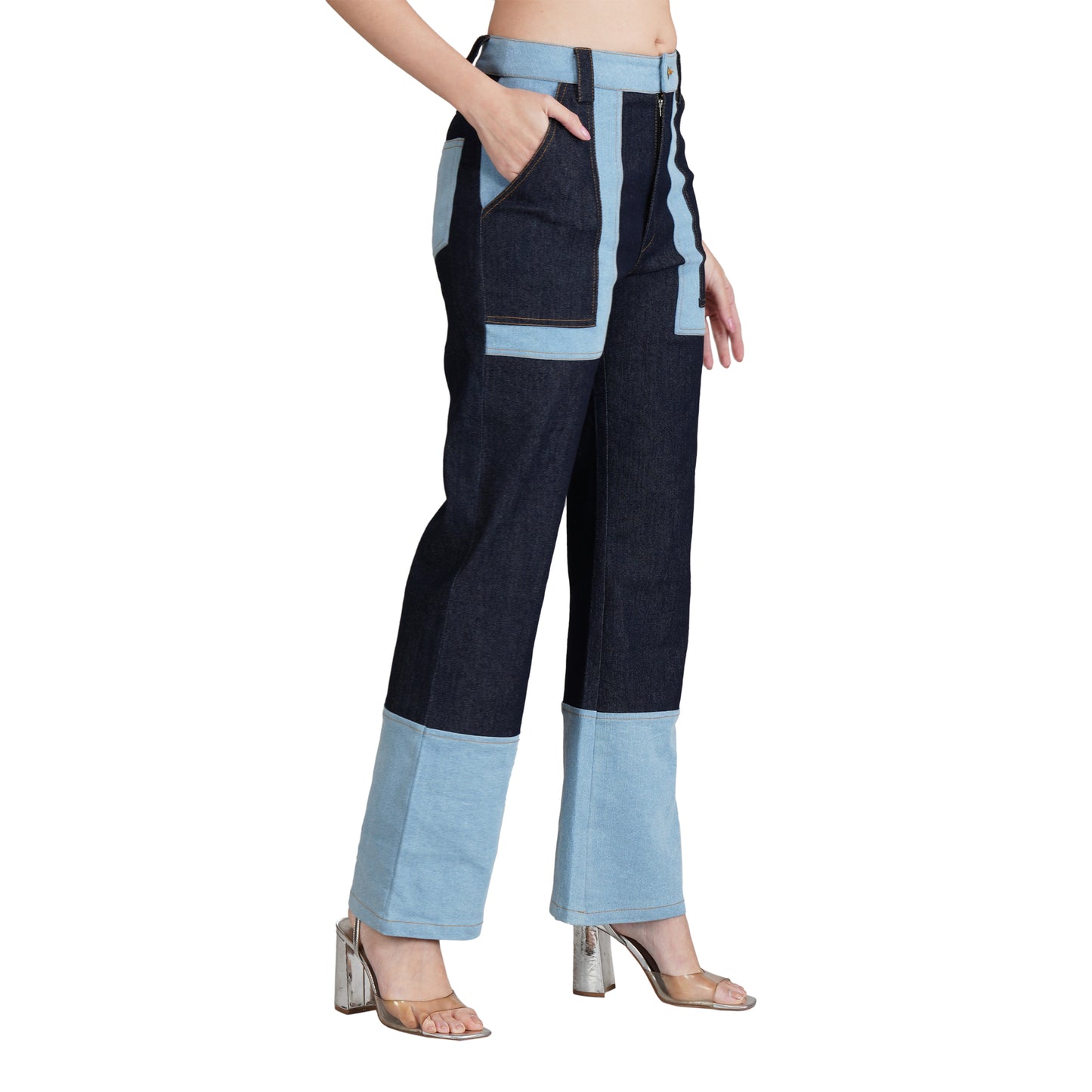 SLAY. Women's Retro Contrast Denim Corset & Flared Jeans Set(Stretch Fabric)