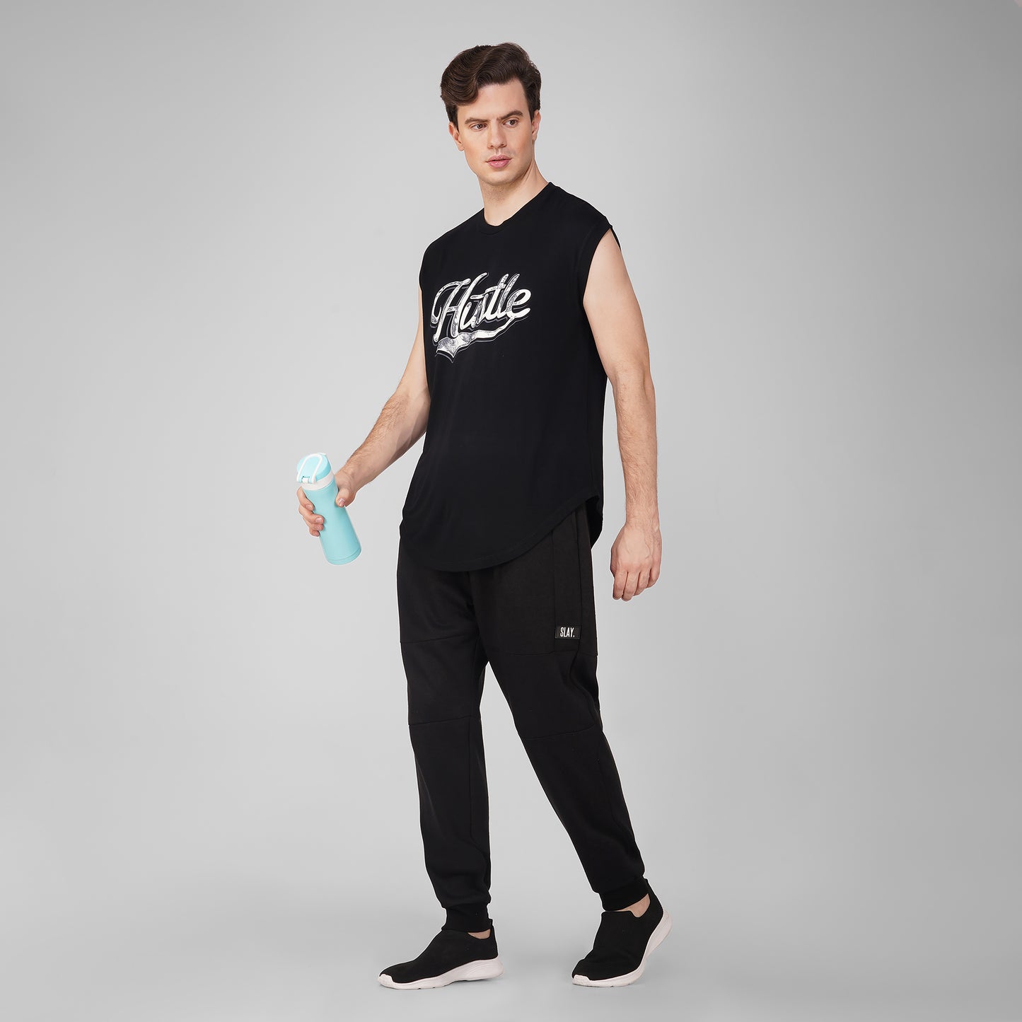 SLAY. Men's Hustle Printed Sleeveless Black Dropcut T-Shirt