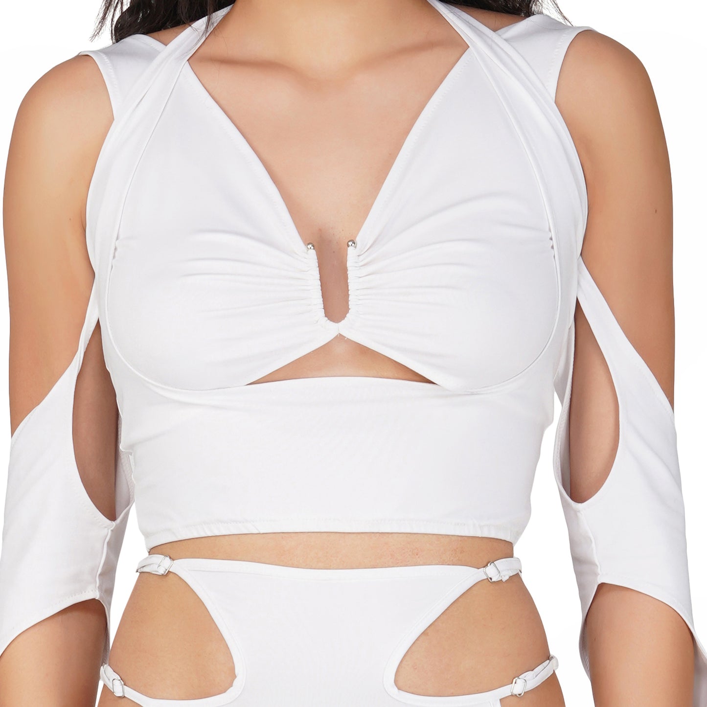 SLAY. Women's White Asymmetric Cutout Top & Skirt Co ord Set