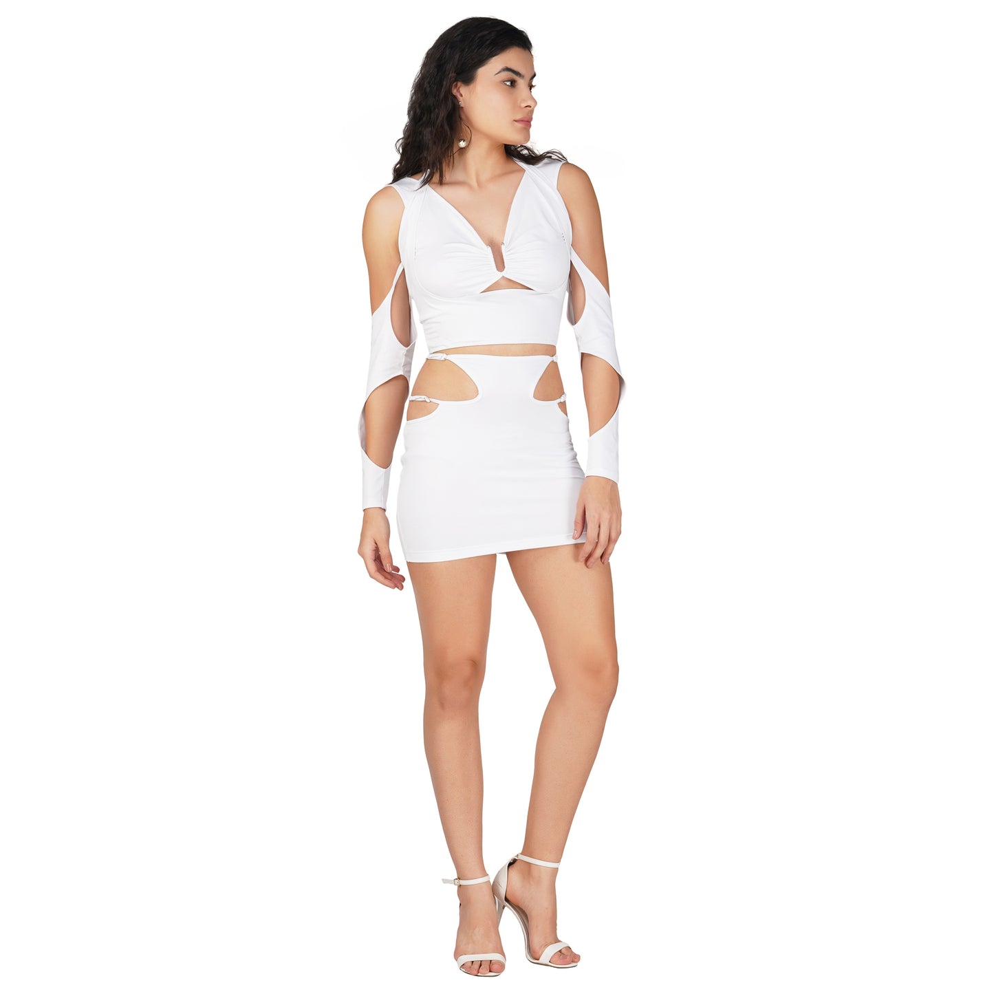 SLAY. Women's White Asymmetric Cutout Top & Skirt Co ord Set
