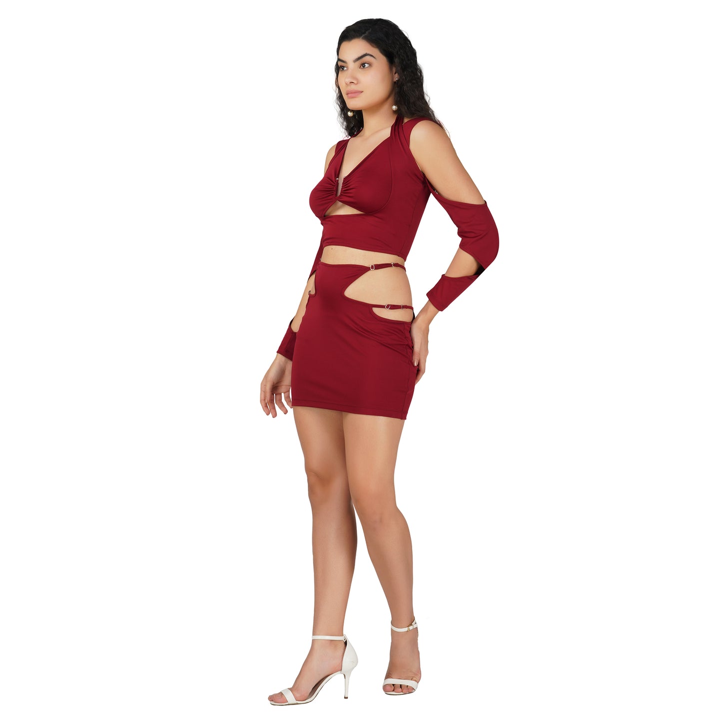 SLAY. Women's Red Asymmetric Cutout Top & Skirt Co ord Set