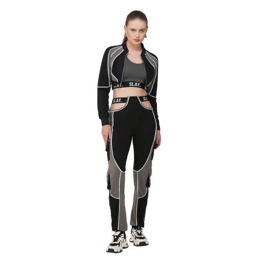 SLAY. Women's Activewear Tracksuit Grey Black Colorblock Crop Jacket & High Waist Cargo Pants & Crop top Co-ord Set (3 Piece)