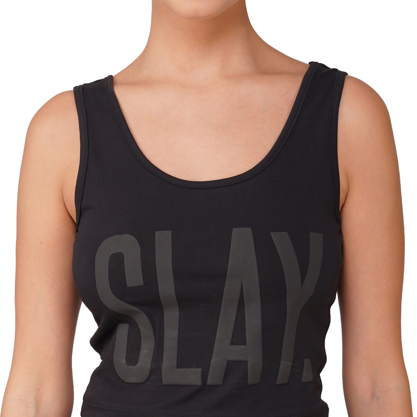 SLAY. Matte Black on Black Slim Fit Crop Top