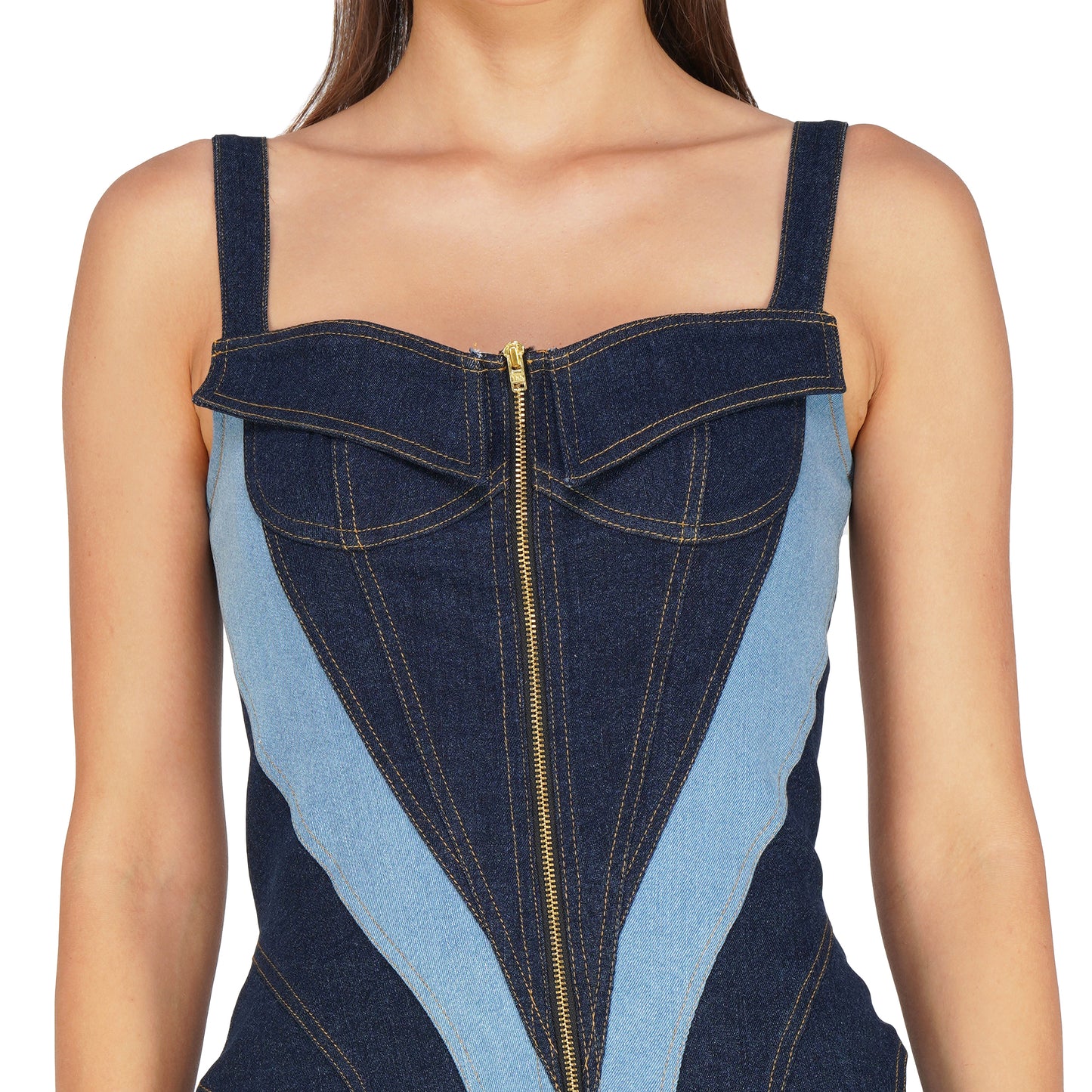 SLAY. Women's Paneled Enzyme Wash Denim Mini Dress (Stretch Fabric)