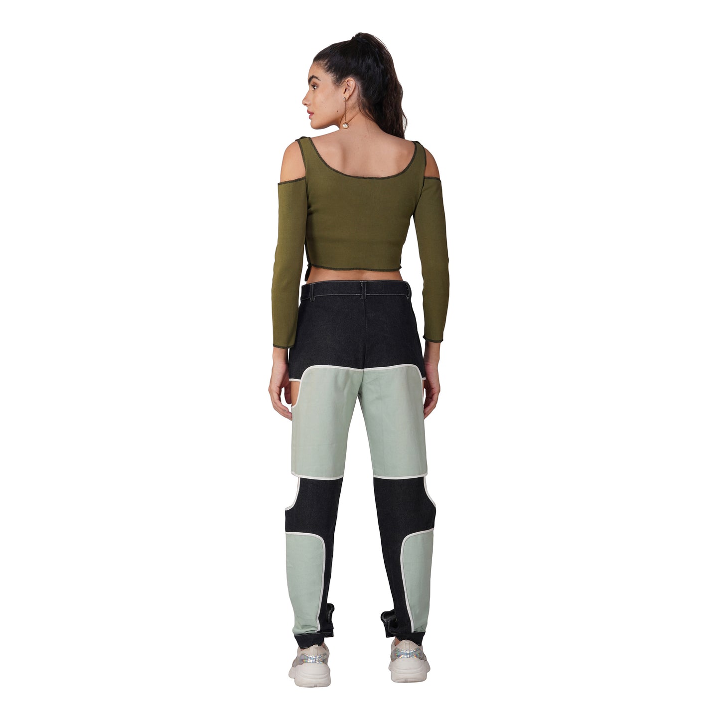 SLAY. Women's Contrast Stitch Olive Cold Shoulder Rib Full Sleeves Top