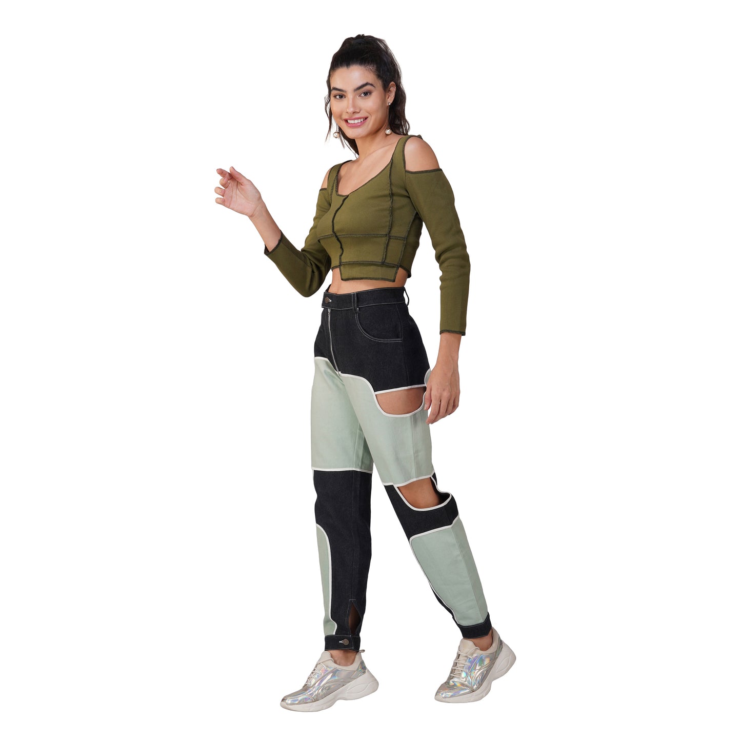 SLAY. Women's Contrast Stitch Olive Cold Shoulder Rib Full Sleeves Top