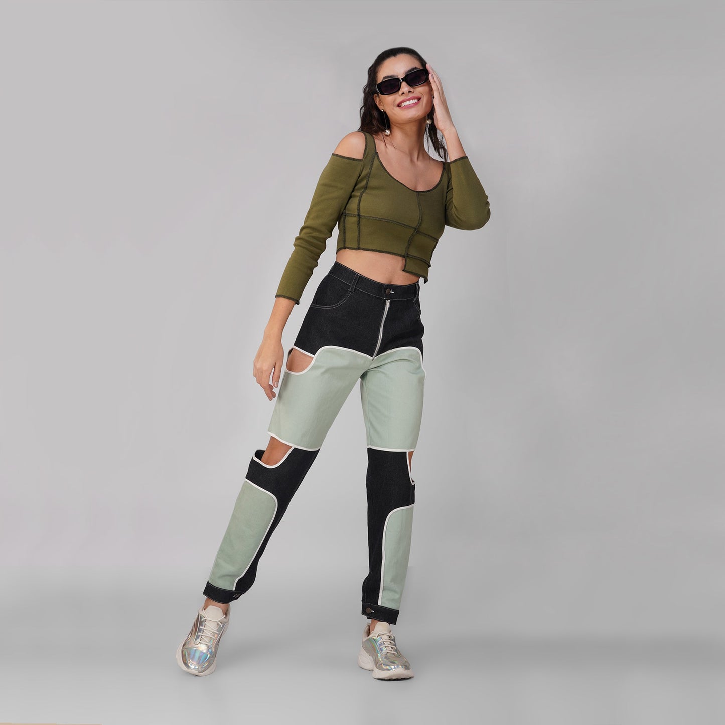 SLAY. Women's Contrast Stitch Olive Cold Shoulder Rib Full Sleeves Top & Jeans Co-ord Set