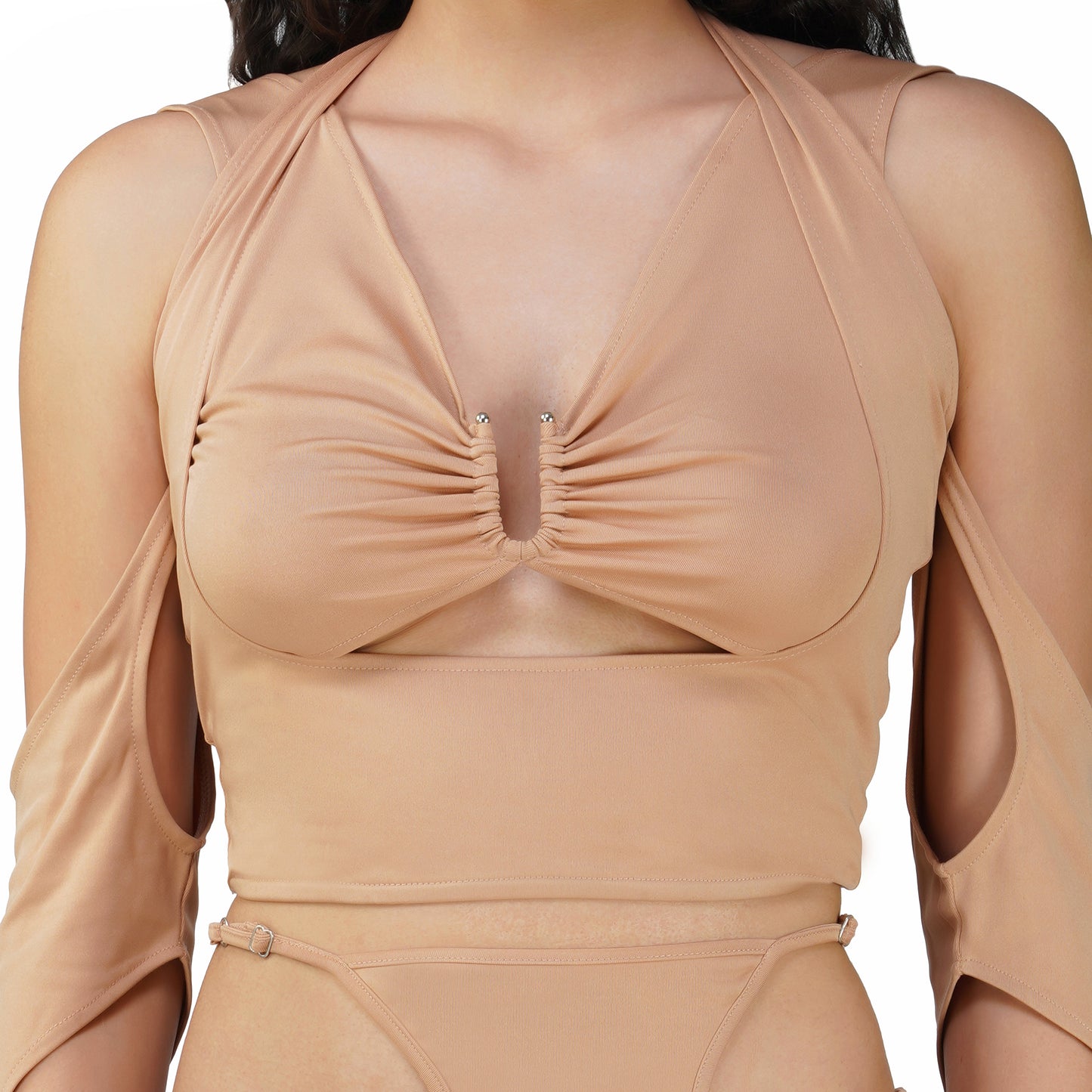 SLAY. Women's Beige Asymmetric Cutout Top & Skirt Co ord Set