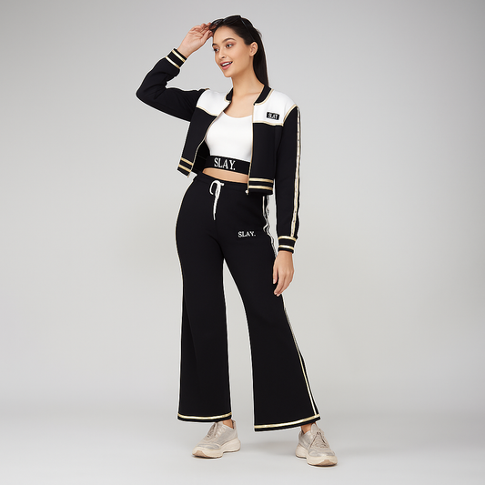 SLAY. Women's Black Power Play 3-Piece Co-ord Set – Jacket + Crop Top + Shorts or Pants | Made to Order