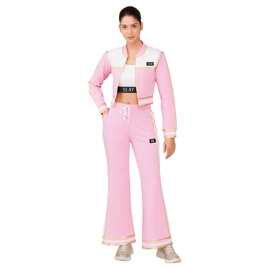 SLAY. Women's Pink Power Play 3-Piece Co-ord Set – Jacket + Crop Top + Shorts or Pants | Made to Order