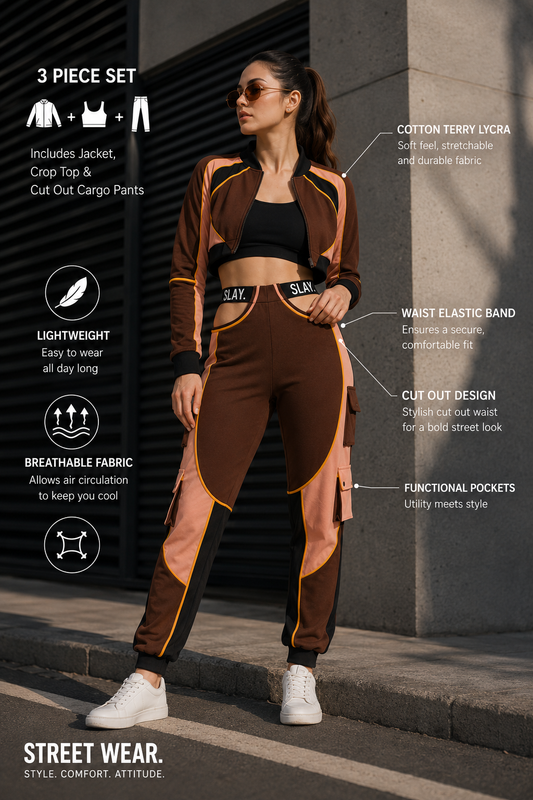 SLAY. Women's Activewear Tracksuit Brown Colorblock Crop Jacket & High Waist Cargo Pants Co-ord Set(3 piece)
