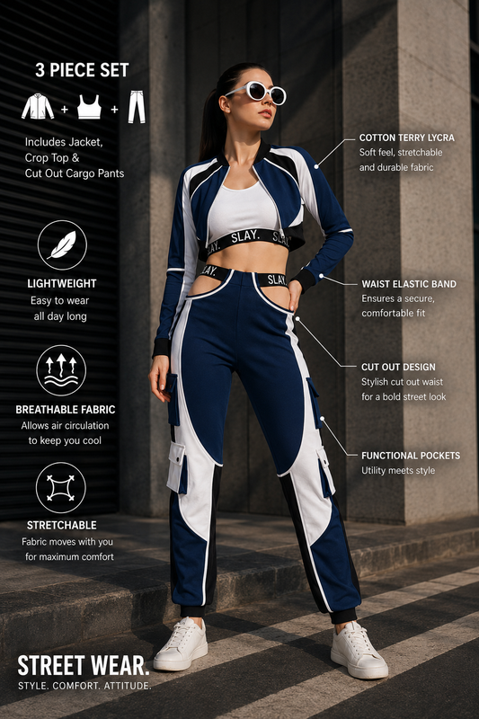 SLAY. Women's Activewear Tracksuit Blue Colorblock Crop Jacket & High Waist Cargo Pants Co-ord Set(3 piece)