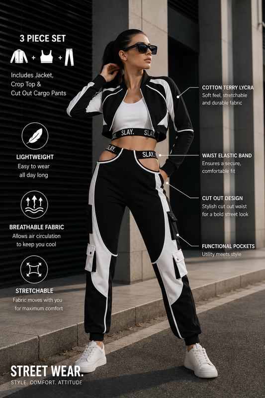 SLAY. Women's Tracksuit Black & White Colorblock Crop Jacket & High Waist Cargo Pants Co-ord Set(3 piece)
