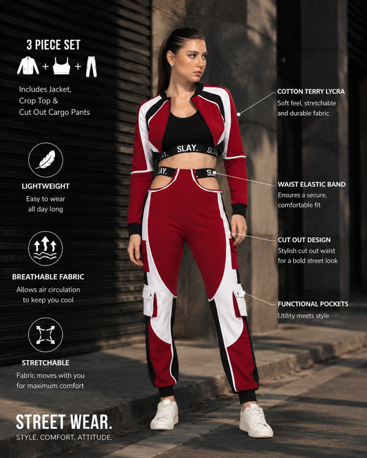 SLAY. Women's Activewear Tracksuit Red Colorblock Crop Jacket & High waist Cargo Pants Co-ord set(3 piece)