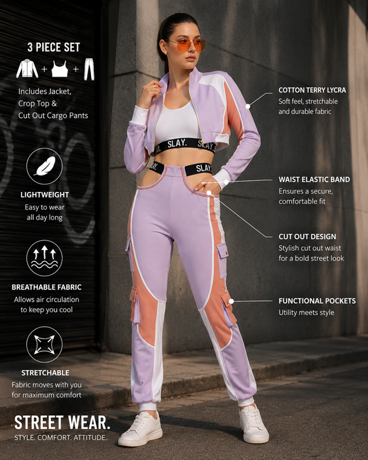 SLAY. Women's Activewear Tracksuit Lilac/Lavender Colorblock Crop Jacket & High Waist Cargo Pants Co-ord Set(3 piece)