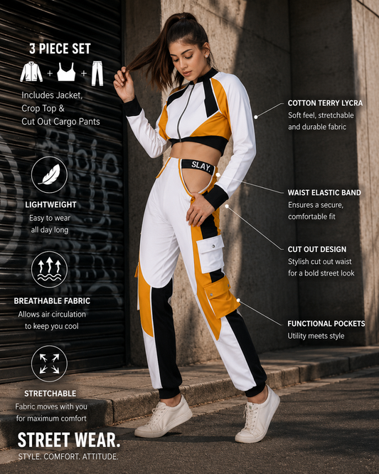 SLAY. Women's Activewear Tracksuit Mustard Colorblock Crop Jacket & Cargo Pants Co-ord Set(3 piece)
