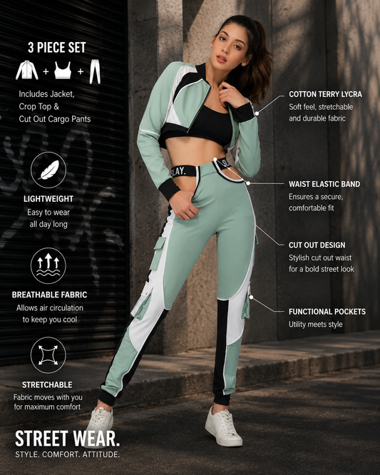 SLAY. Women's Activewear Tracksuit Turquoise Colorblock Crop Jacket & Cargo Pants Co-ord Set(3 piece)