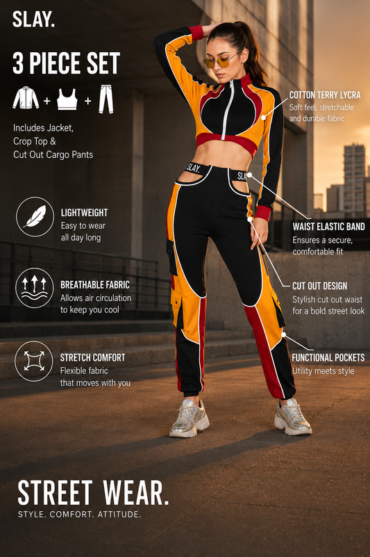 SLAY. Women's Activewear Tracksuit Colorblock Crop Jacket & High Waist Cargo Pants Co-ord Set(3 piece)