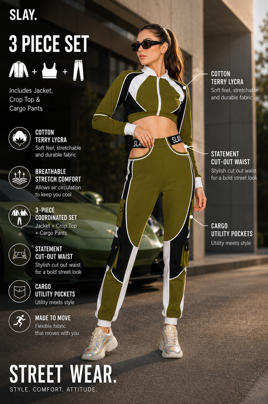 SLAY. Women's Activewear Tracksuit Olive Colorblock Crop Jacket & High Waist Cargo Pants Co-ord Set(3 piece)