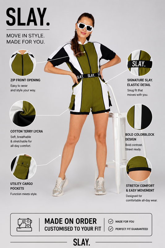 SLAY. Women's Colorblock Romper Olive White Black