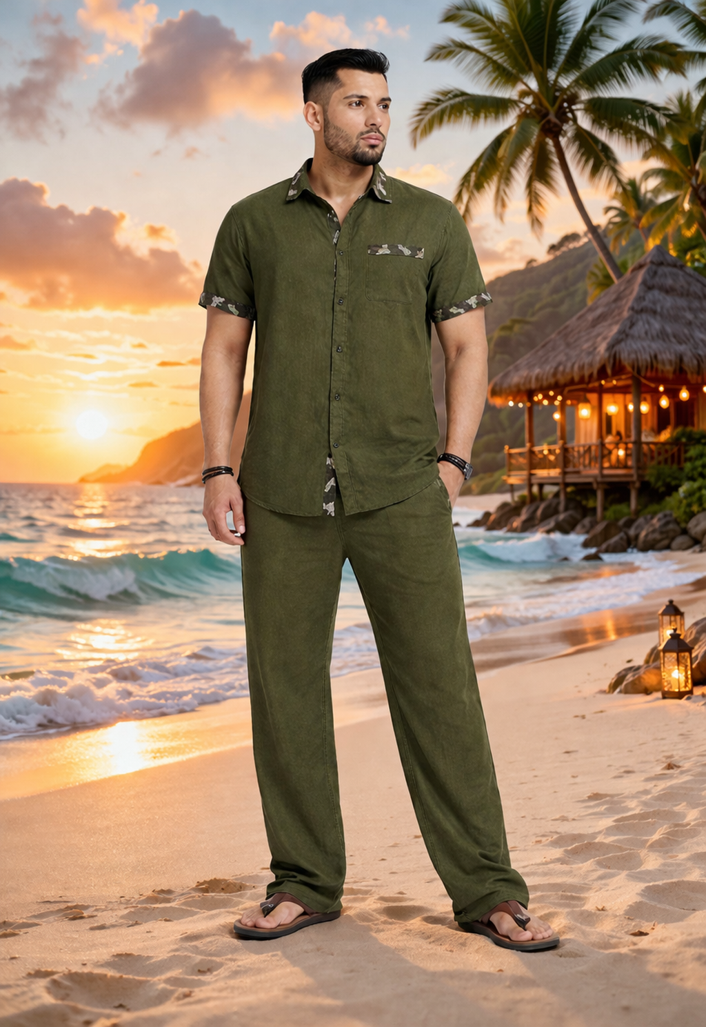 SLAY. Camo Accent Linen Co-ord Set — Olive