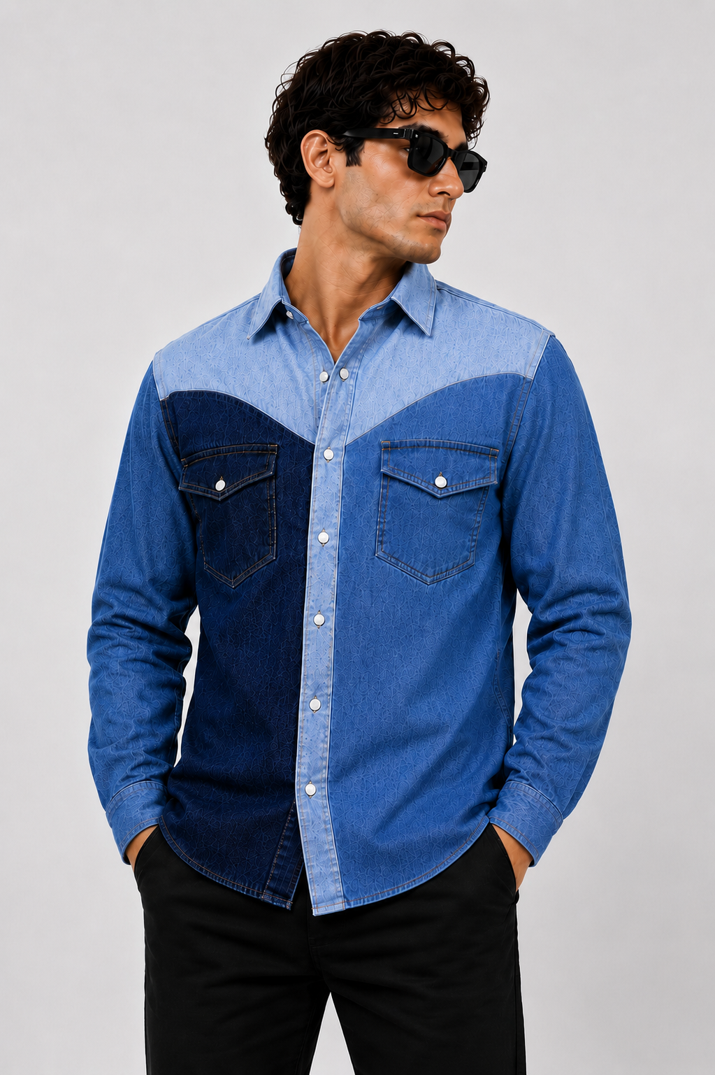 SLAY. Men's Colorblock Stretch Denim Shirt