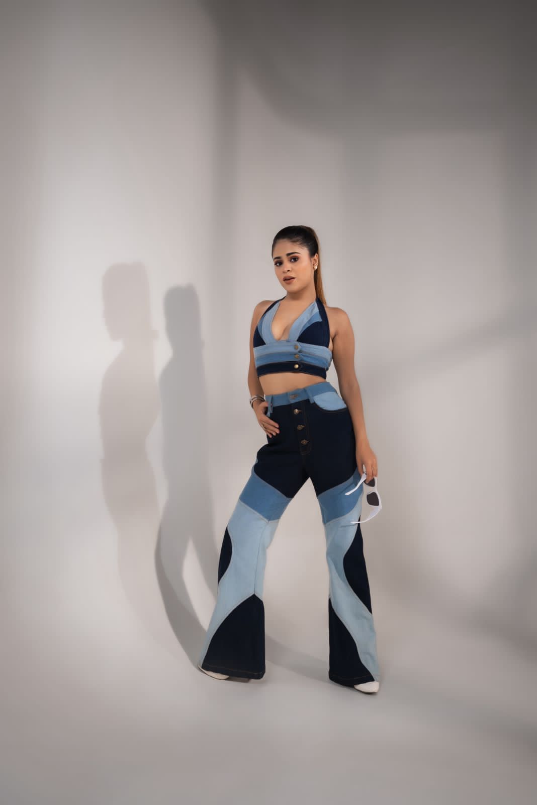 SLAY. Women's 3-Way Acid-Wash Colorblock Denim Co-ord Set