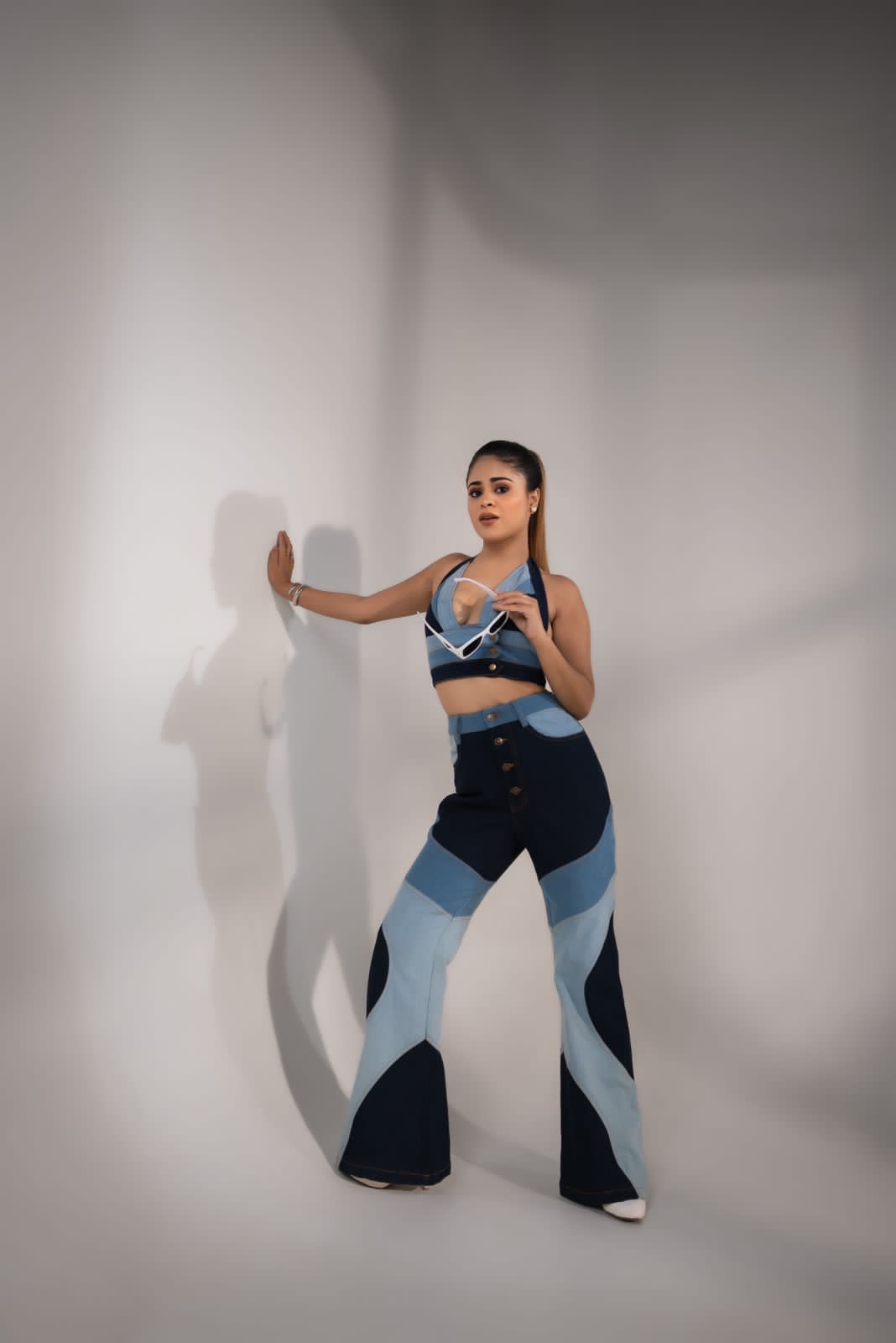 SLAY. Women's 3-Way Acid-Wash Colorblock Denim Co-ord Set