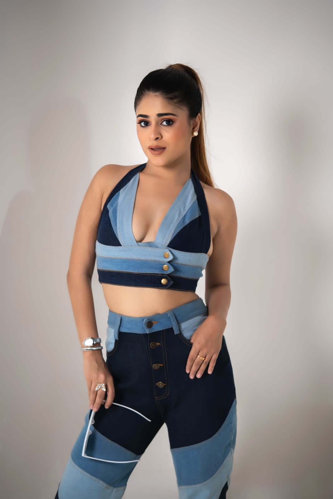 SLAY. Women's 3-Way Acid-Wash Colorblock Denim Co-ord Set