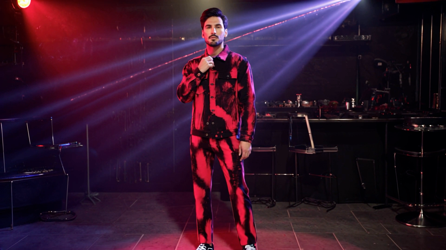 SLAY. Men's "Deadpool Theme" Red & Black Tie Dye Button-Down Ripped Denim Jacket & Jeans Co-ord Set