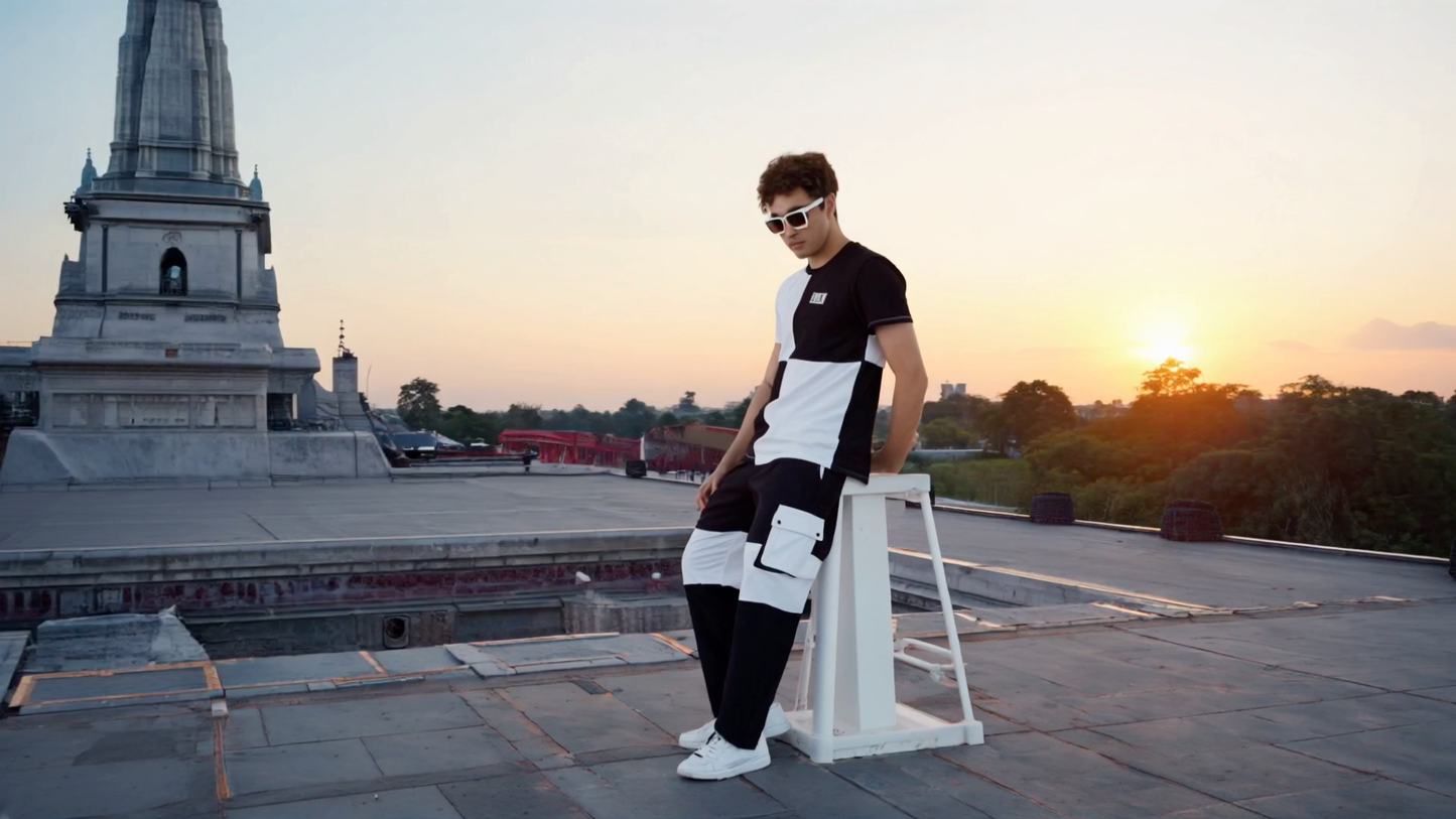 SLAY. Men's Black & White T-shirt & Cargo Pants Co-ord Set