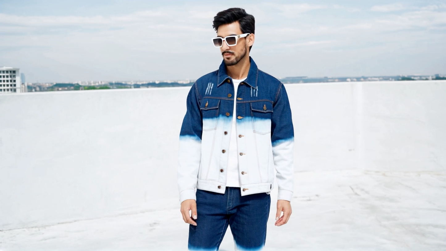 SLAY. Men's Embroidered Ombre Effect Button-Down Ripped Denim Jacket