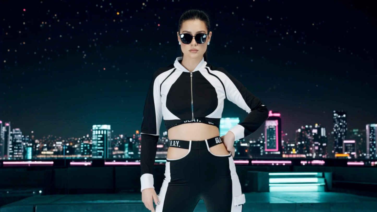 SLAY. Women's Activewear Crop Jacket Black & White Colorblock Streetwear