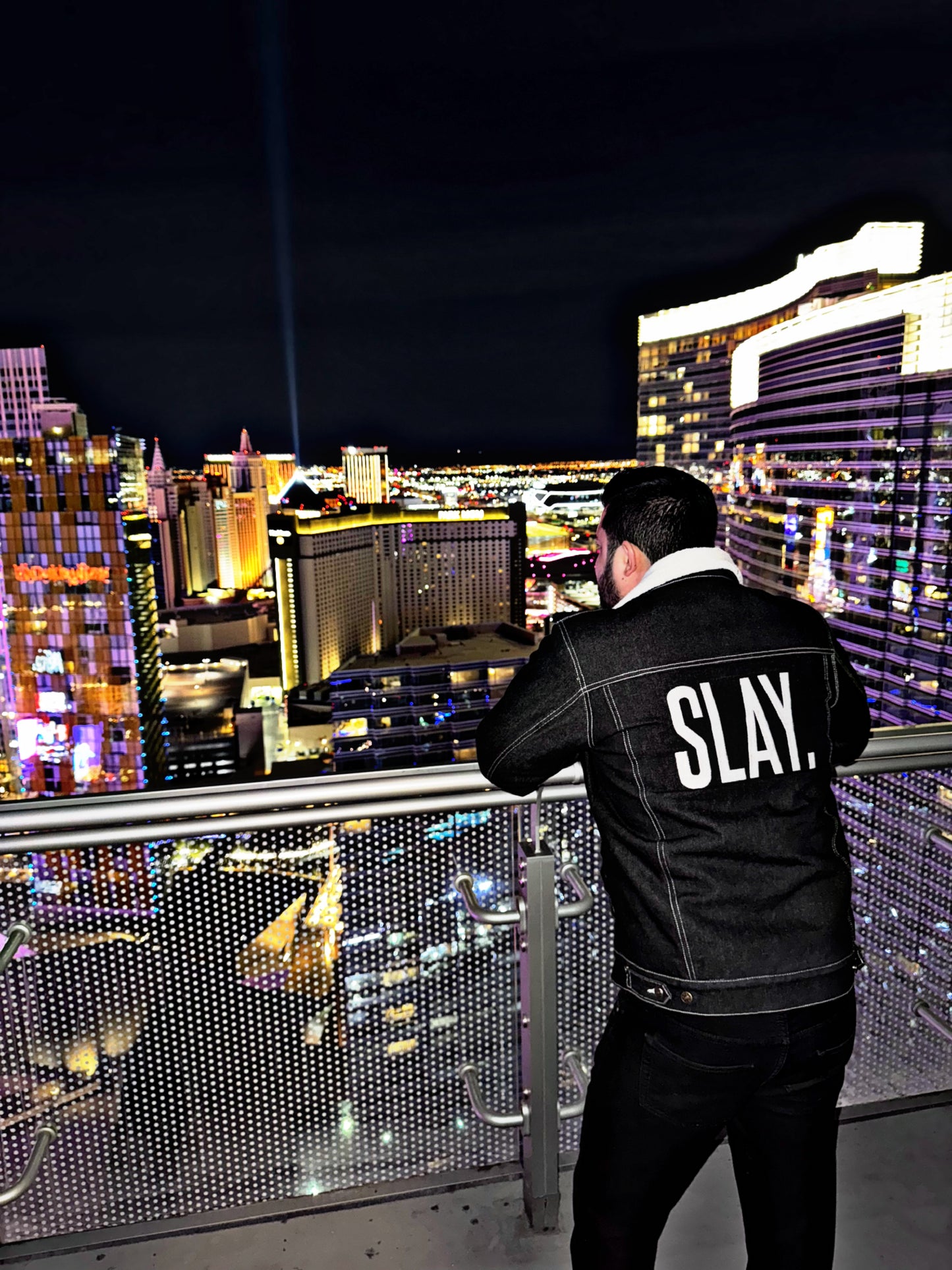 SLAY. Men's Full Sleeves Black Solid Embroidered Button-Down Black Denim Jacket with Faux-fur Lining