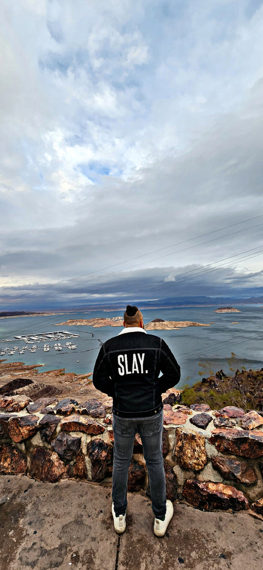 SLAY. Men's Full Sleeves Black Solid Embroidered Button-Down Black Denim Jacket with Faux-fur Lining