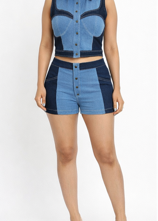 SLAY. Women's Two-Tone Sculpt Denim Top & Shorts Co-ord Set
