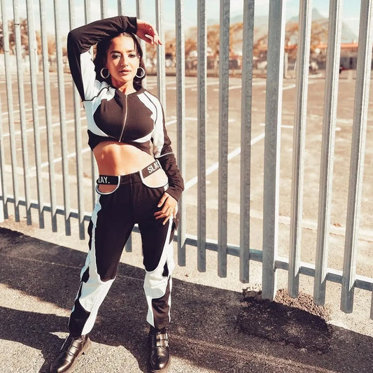 SLAY. Women's Activewear Crop Jacket Black & White Colorblock Streetwear
