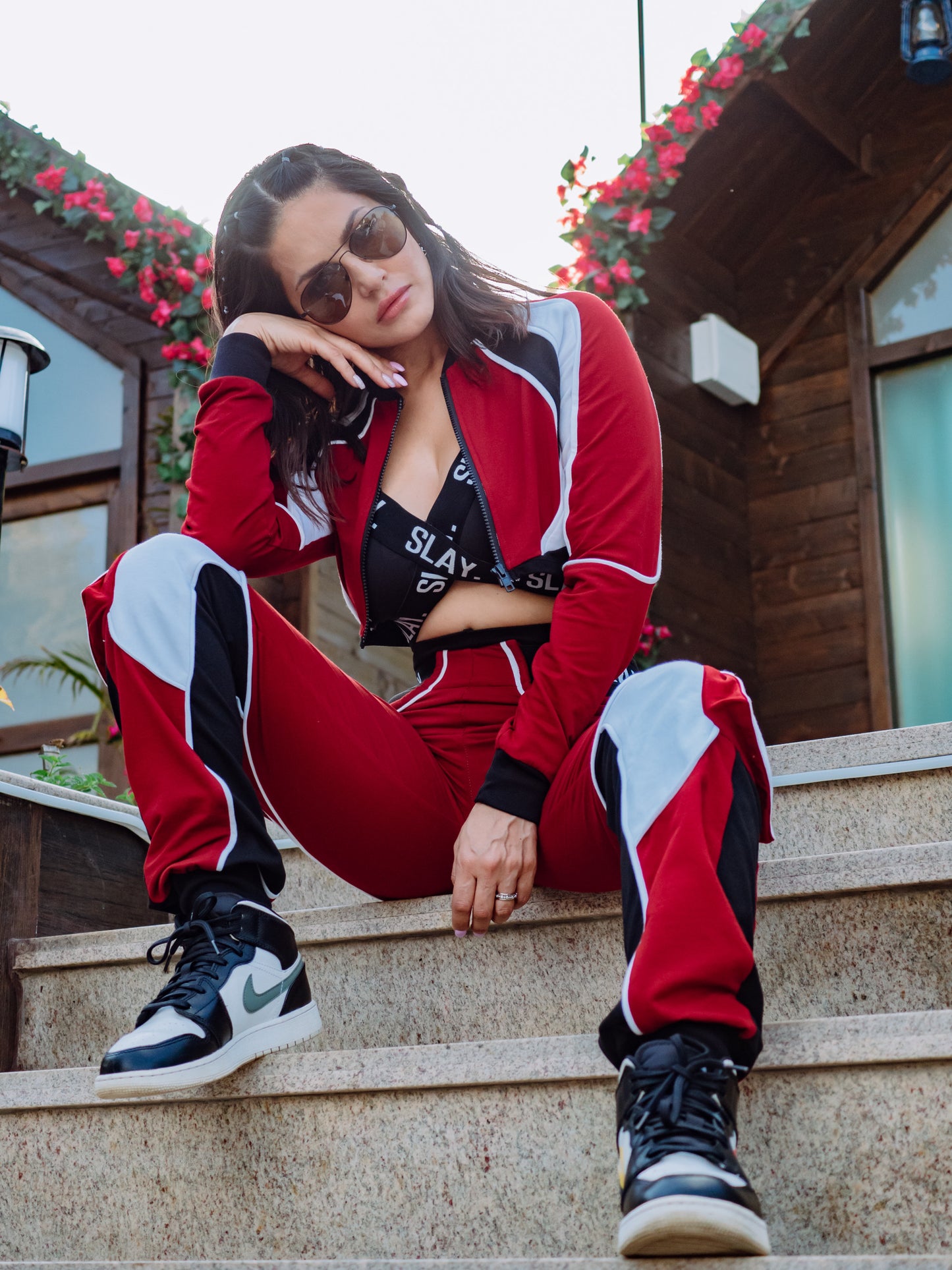 SLAY. Women's Activewear Tracksuit Red Colorblock Crop Jacket & High waist Cargo Pants Co-ord set(3 piece)
