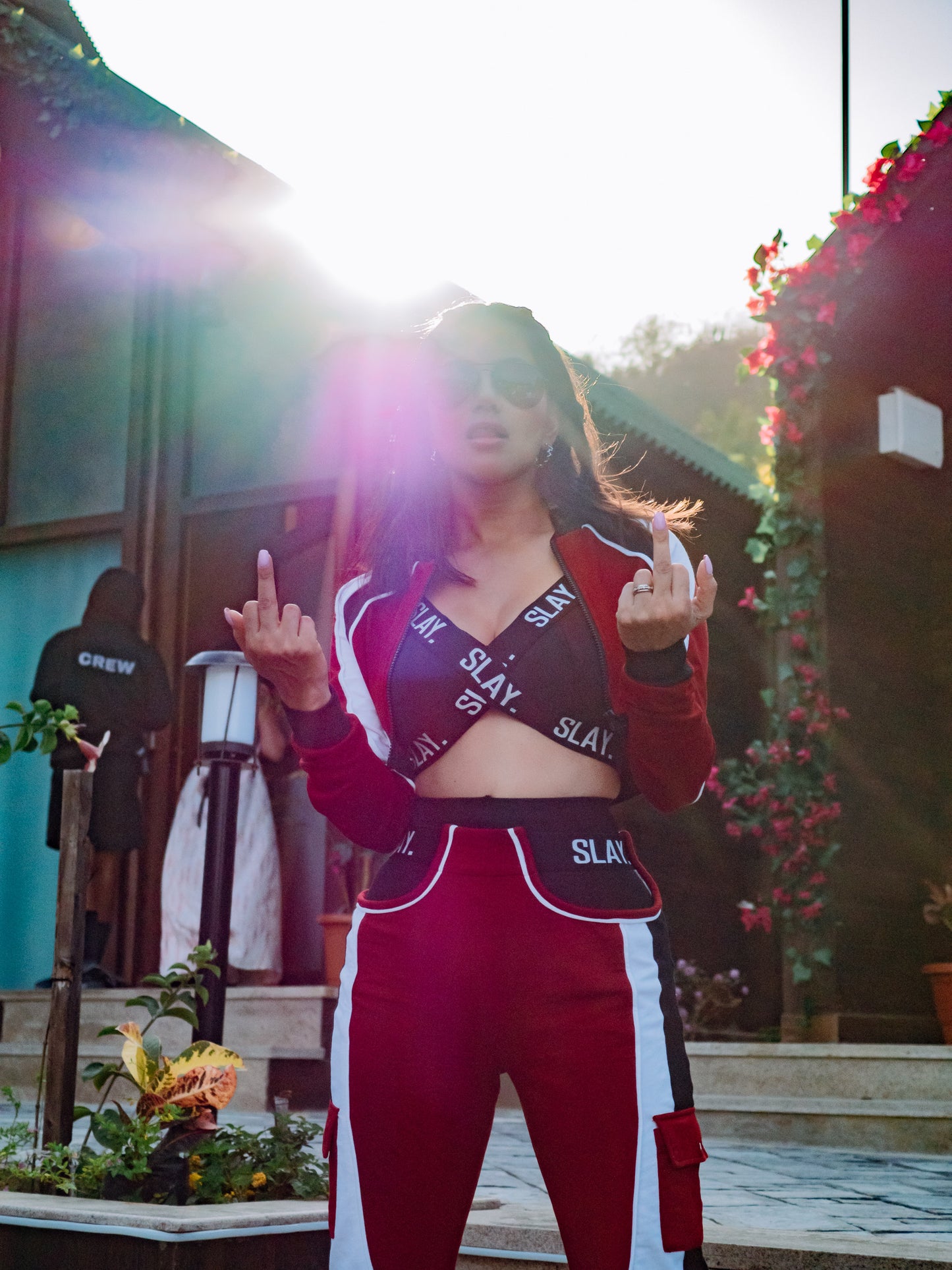 SLAY. Women's Activewear Tracksuit Red Colorblock Crop Jacket & High waist Cargo Pants Co-ord set(3 piece)