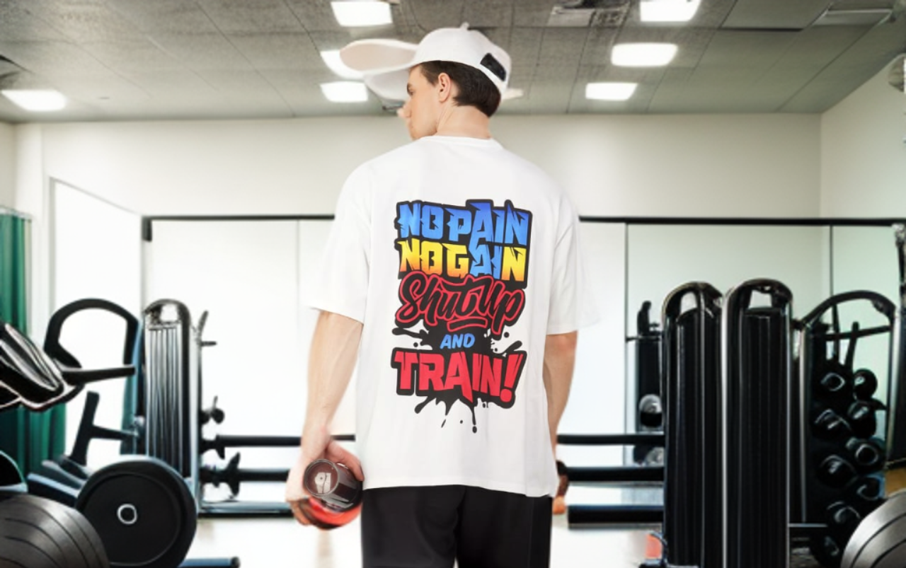 SLAY. Men's "No Pain No gain Shut Up & Train" Oversized T shirt