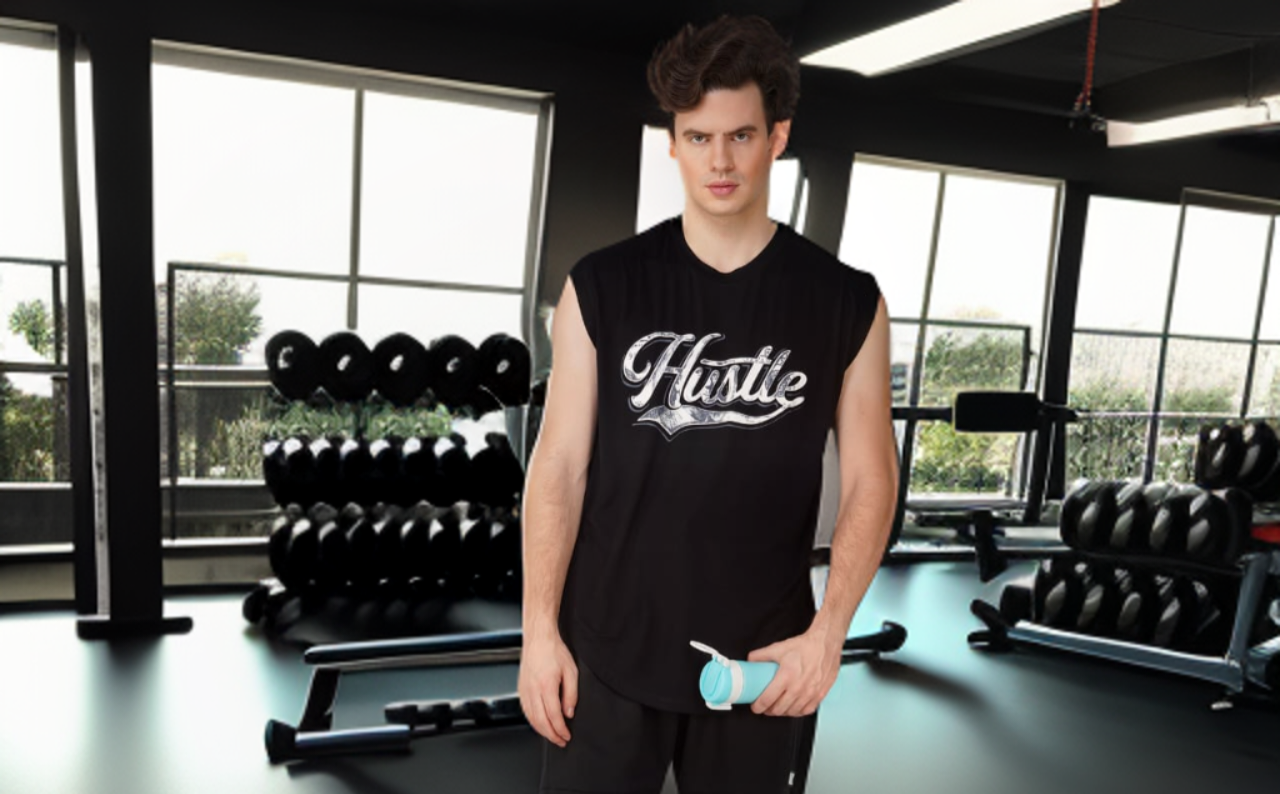 SLAY. Men's Hustle Printed Sleeveless Black Dropcut T-Shirt
