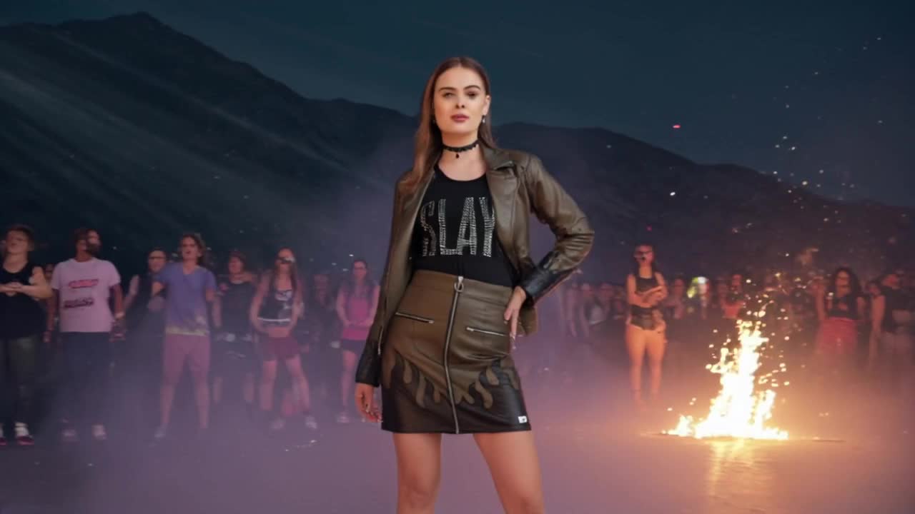 SLAY. Faux Leather Flames Jacket & Skirt Co-ord Set Olive & Black