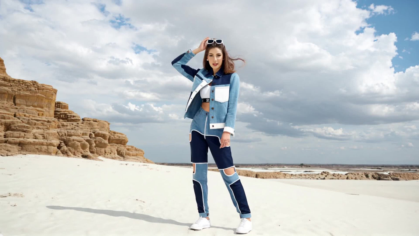 SLAY. Women's Blue & White Colorblock Denim Jacket Crop Top & Jeans Co-ord Set(3 Piece)