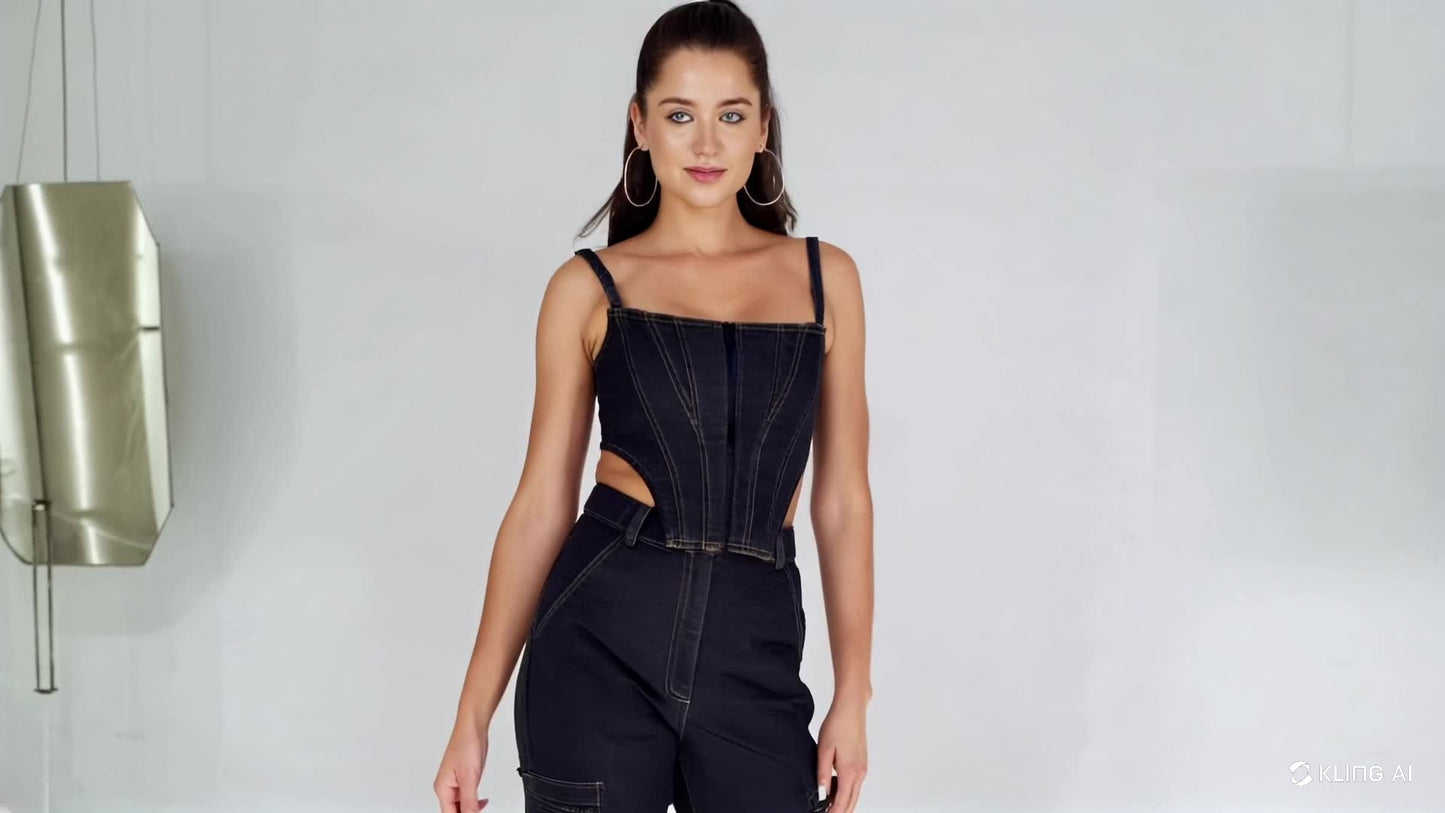 SLAY. Women's Black Denim Zip up Corset