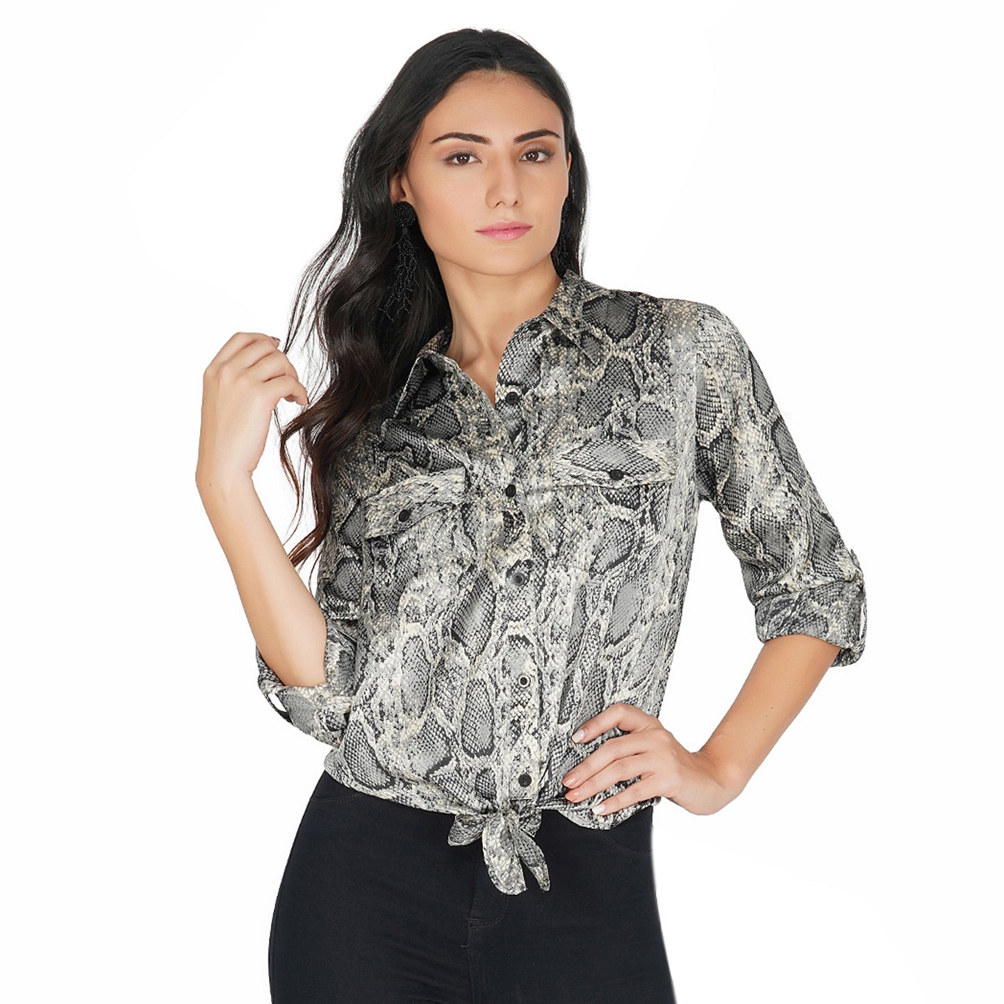 SLAY. Women's Animal Print Shirt with Front Tie Knot & Roll Up Sleeves-clothing-to-slay.myshopify.com-Snake Print Shirt