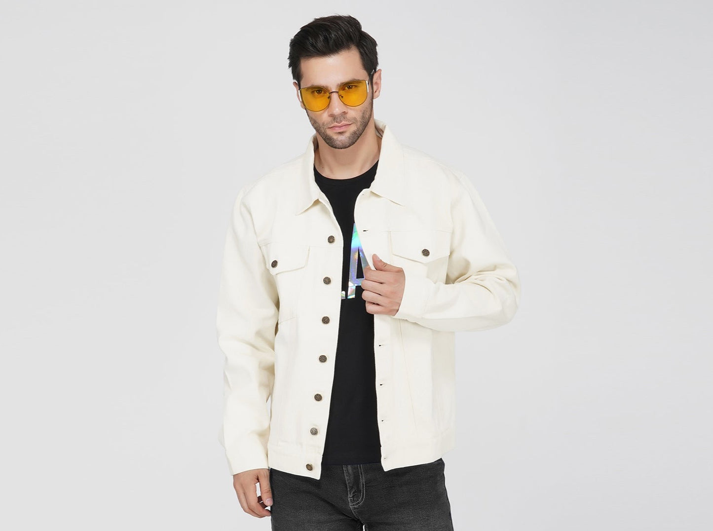 SLAY. Men's Off-White Vintage Button-Down Denim Biker Jacket-clothing-to-slay.myshopify.com-Jacket