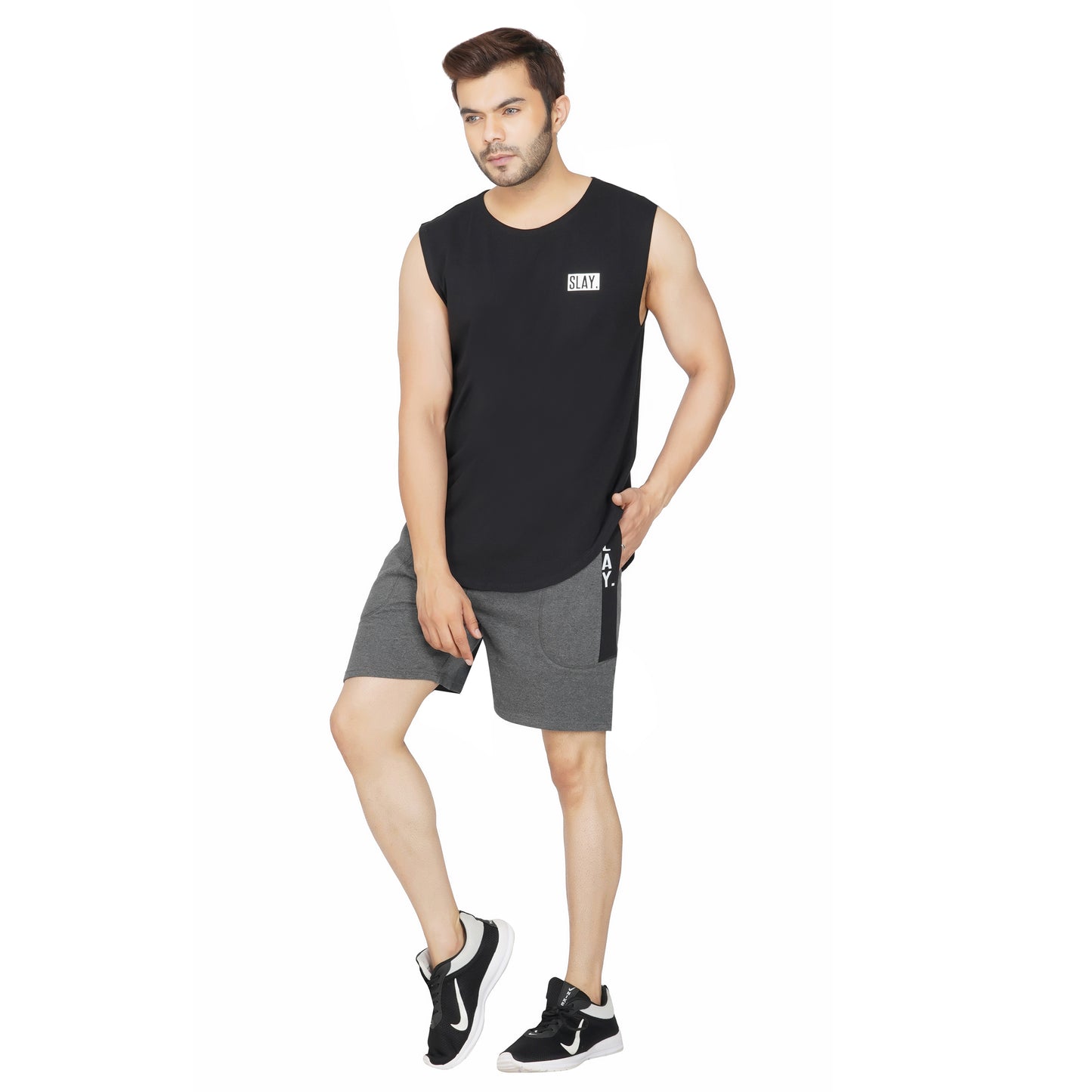 SLAY. Men's Dark Grey Shorts with Black Stripes-clothing-to-slay.myshopify.com-Men's Shorts