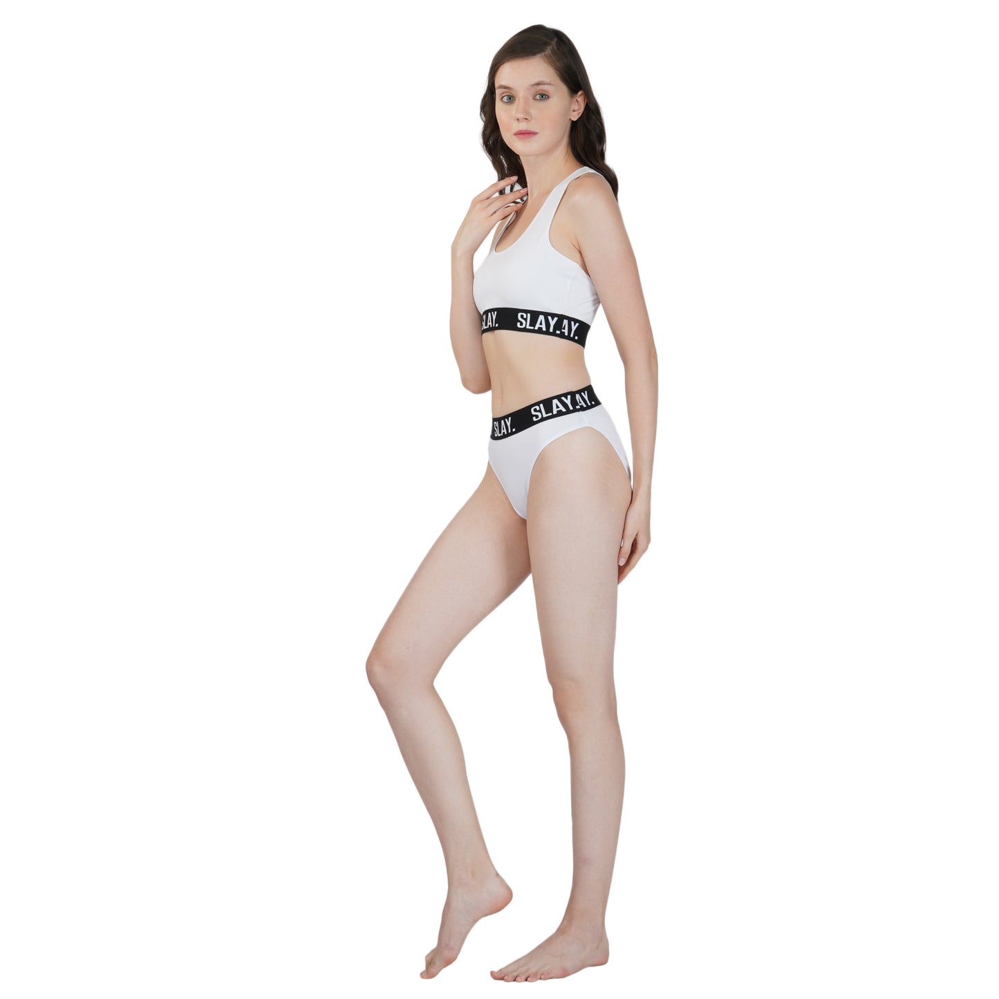 SLAY. Women's Underwear Lingerie Modern Sports Bra and Panty Set White