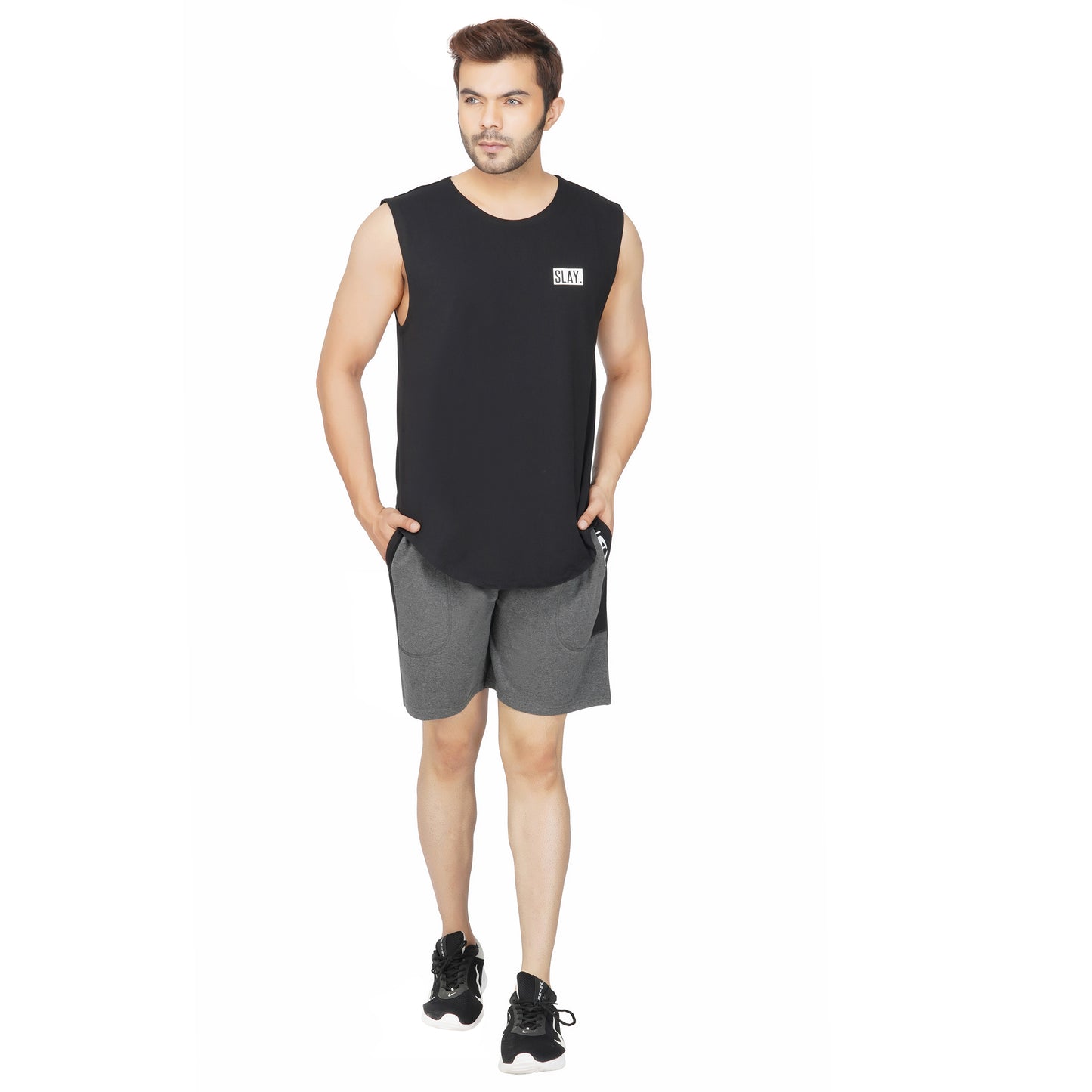 SLAY. Men's Dark Grey Shorts with Black Stripes-clothing-to-slay.myshopify.com-Men's Shorts