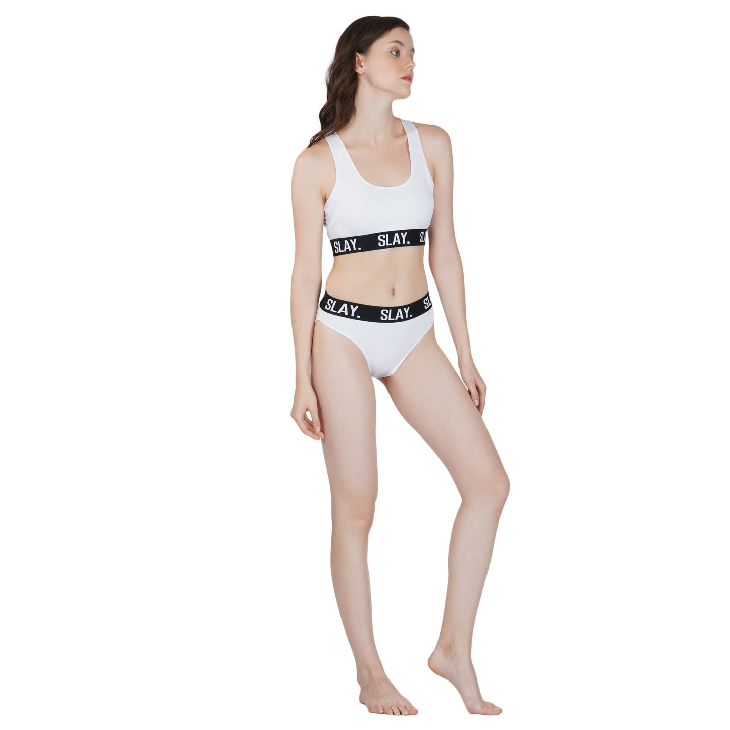 SLAY. Women's Underwear Lingerie Modern Sports Bra and Panty Set White